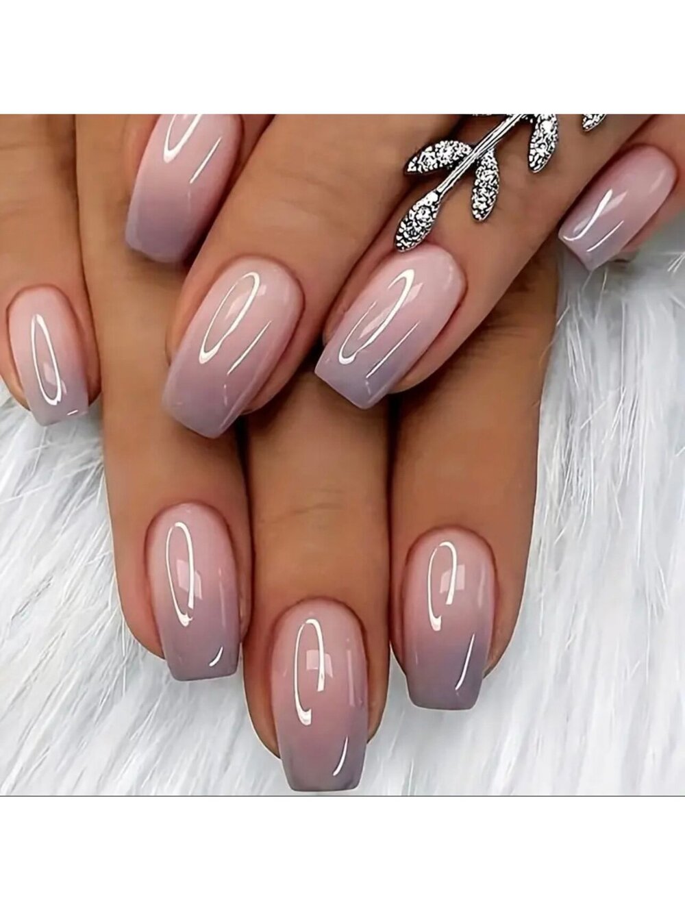 New - 24 Pcs Square -Glossy Gradient Grey - Reusable Press On Nails
